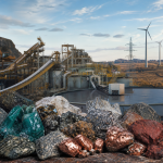 Ilustração editorial de minerais estratégicos, instalações industriais e linhas de energia representando a política mineral brasileira