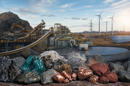 Ilustração editorial de minerais estratégicos, instalações industriais e linhas de energia representando a política mineral brasileira