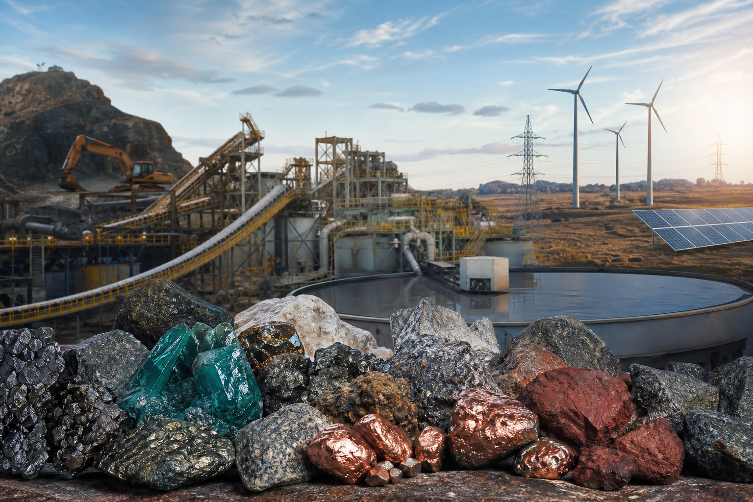 Ilustração editorial de minerais estratégicos, instalações industriais e linhas de energia representando a política mineral brasileira